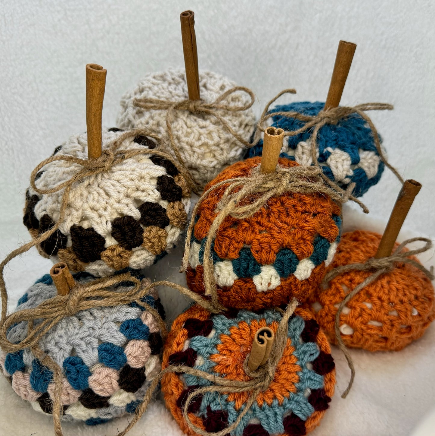 Small Granny Square Crochet Pumpkin Decor with Cinnamon Stem