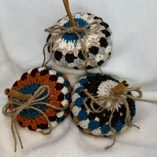 Medium Granny Square Crochet Pumpkin with Cinnamon Stem