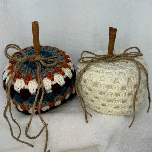 Large Granny Square Crochet Pumpkin with Cinnamon Stem