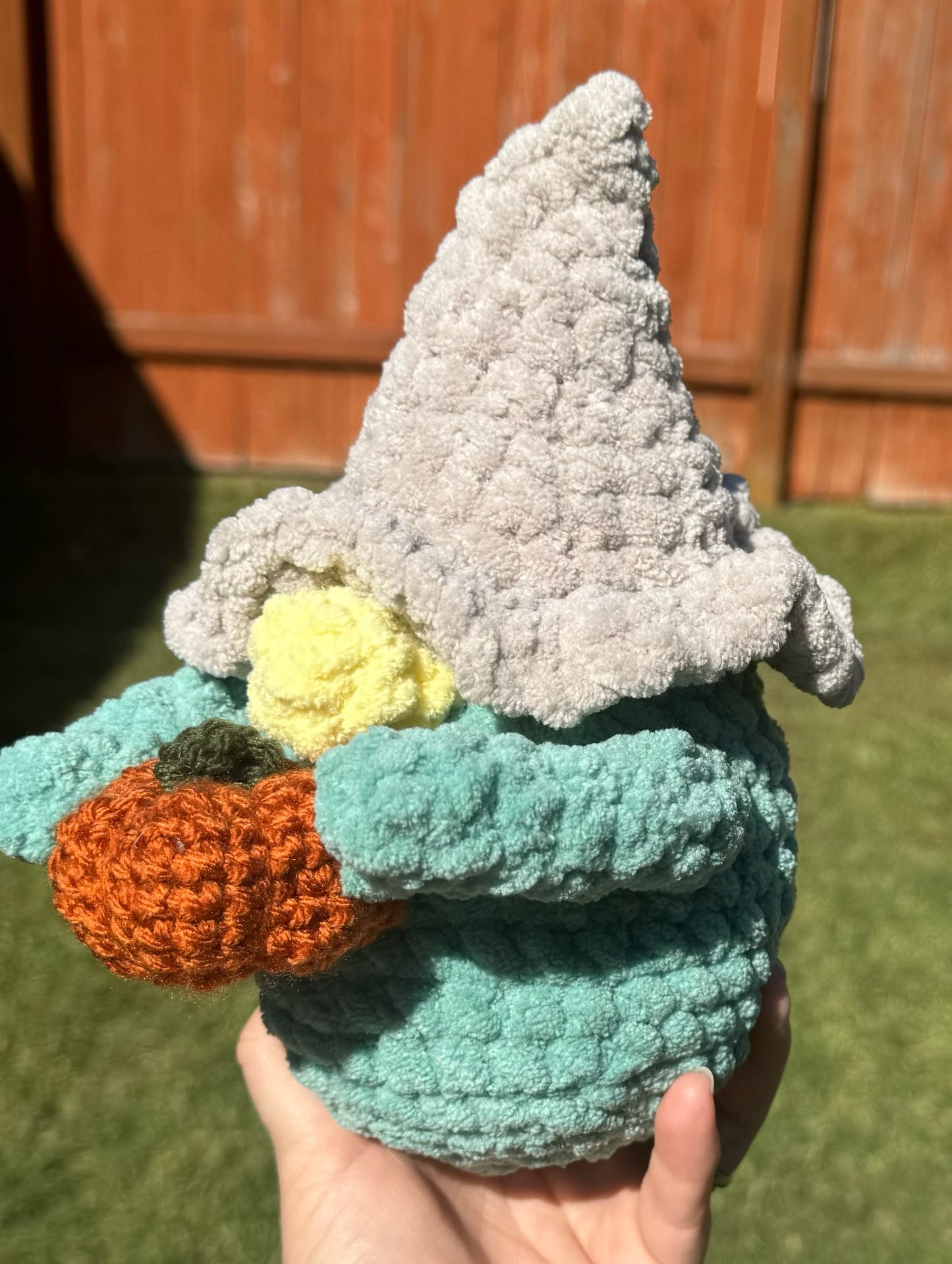 Crochet Fall Gnome with Pumpkin in Green