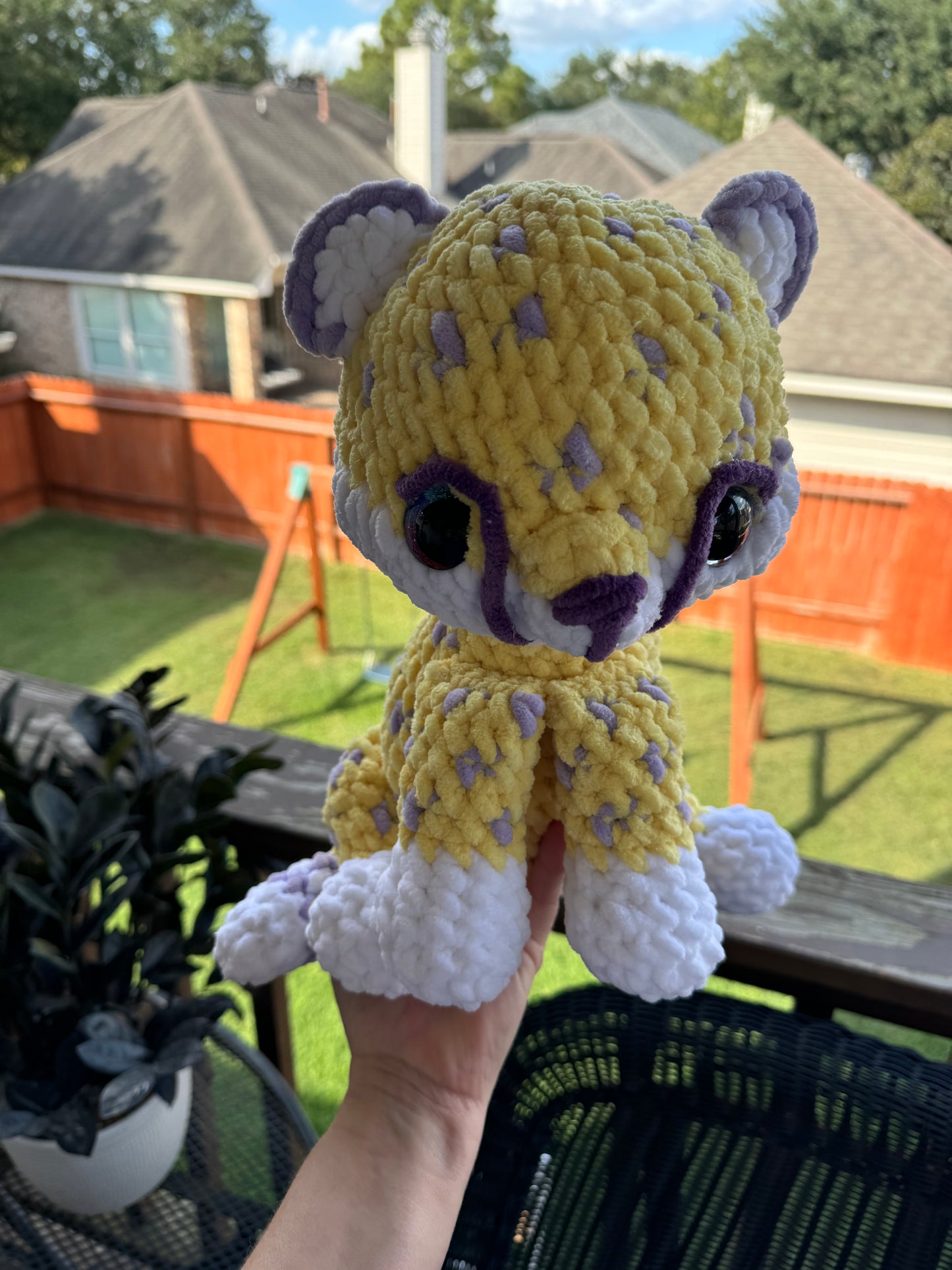 Crochet Plush Cheetah in Purple and Yellow