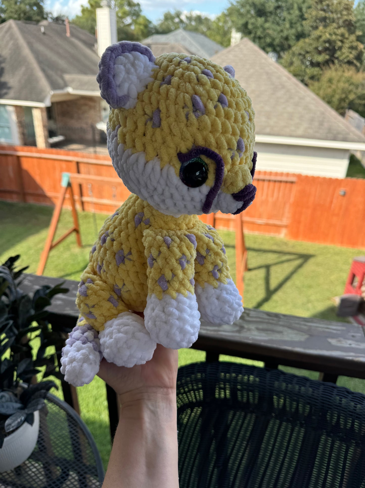 Crochet Plush Cheetah in Purple and Yellow